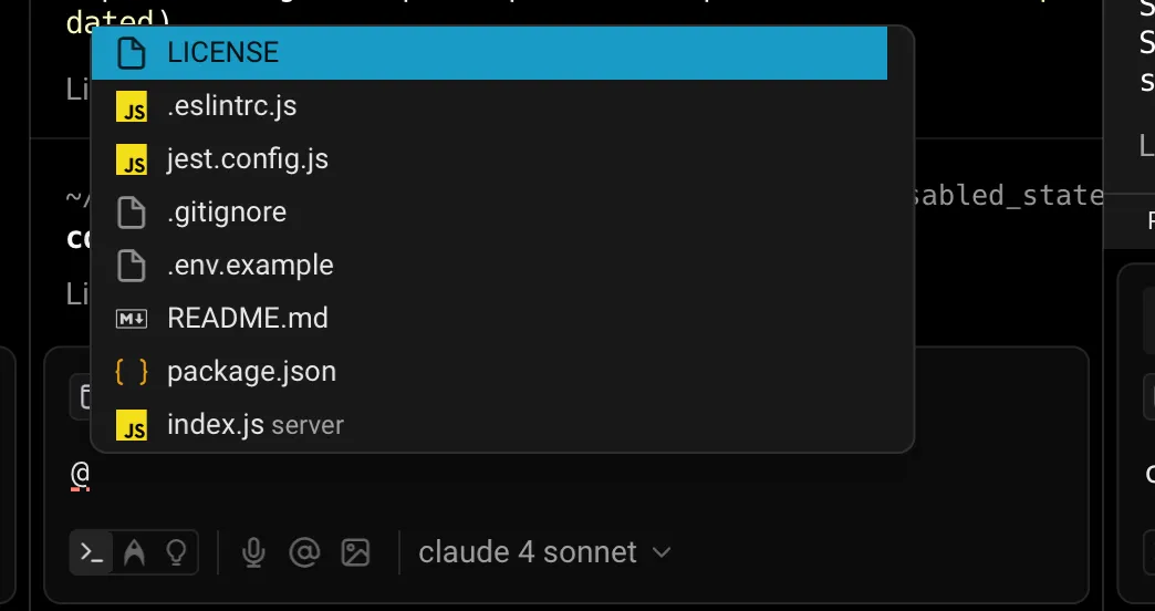 Using the @ symbol to search for and attach a file or folder from the project root.