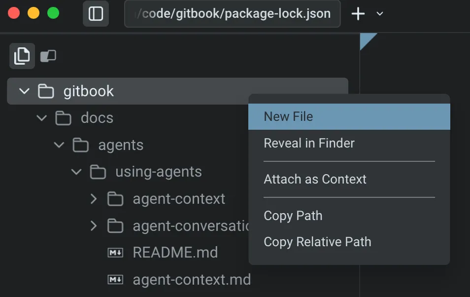 Creating a new file directly from a folder's right-click context menu in the file tree.